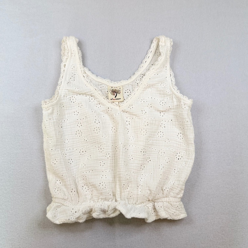Self Esteem Ivory Eyelet Cotton Gauze Cropped Tank Top Lace Trim Medium